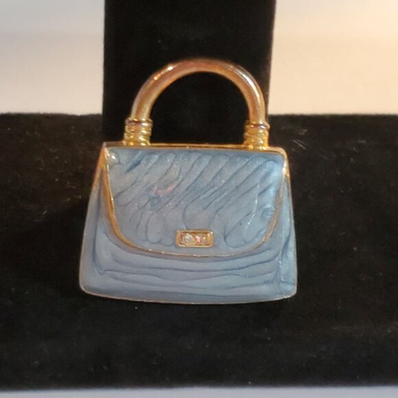 Vintage Ladies Handbag Purse Enamel Brooch Pin Gold Gray Tone 1980's - Picture 1 of 4